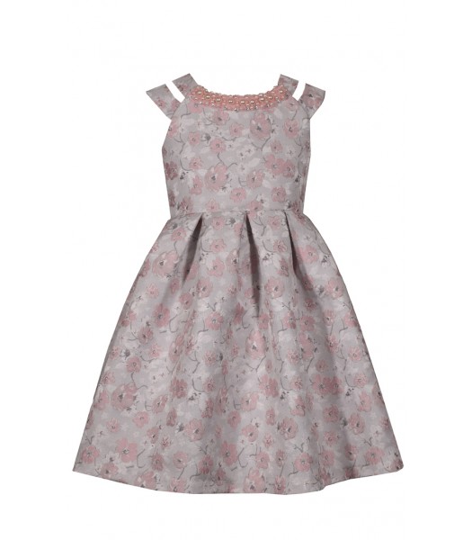 Bonnie Jean Pink Floral Double Strap Beaded Neck Brocade Pleated Dress 